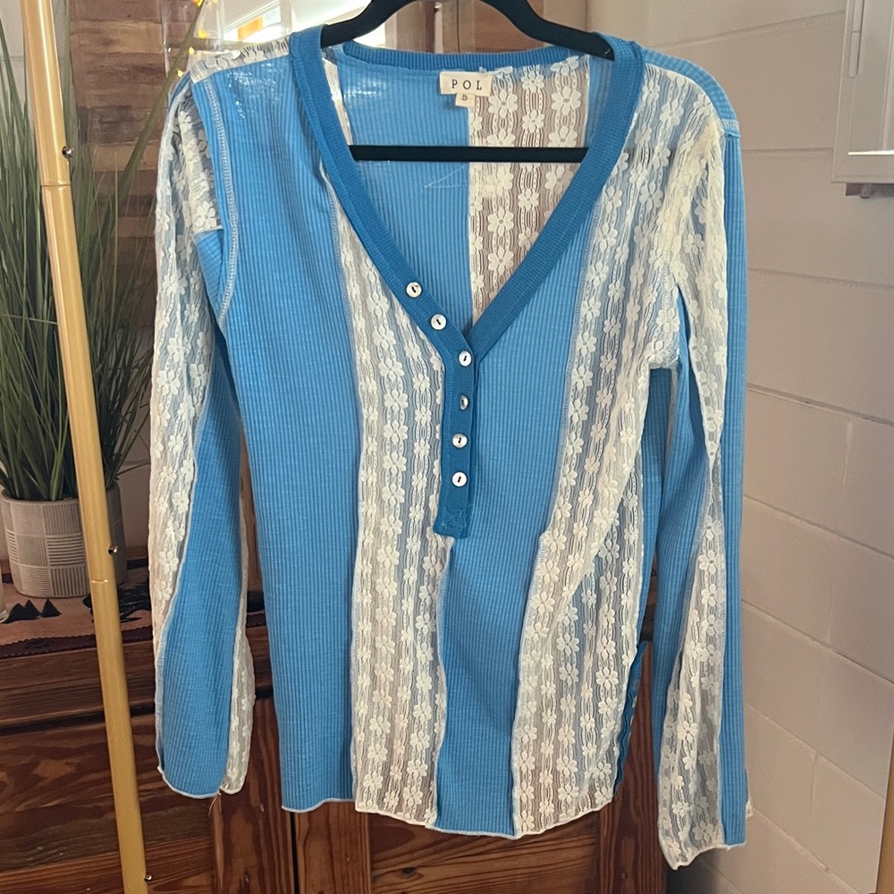 POL Sky Blue and White Lace Button Down Shirt